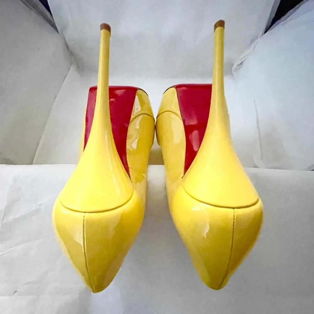 Christian Louboutin ladypeep 140 glossy patent leather yellow peeptoe pumps 38.5